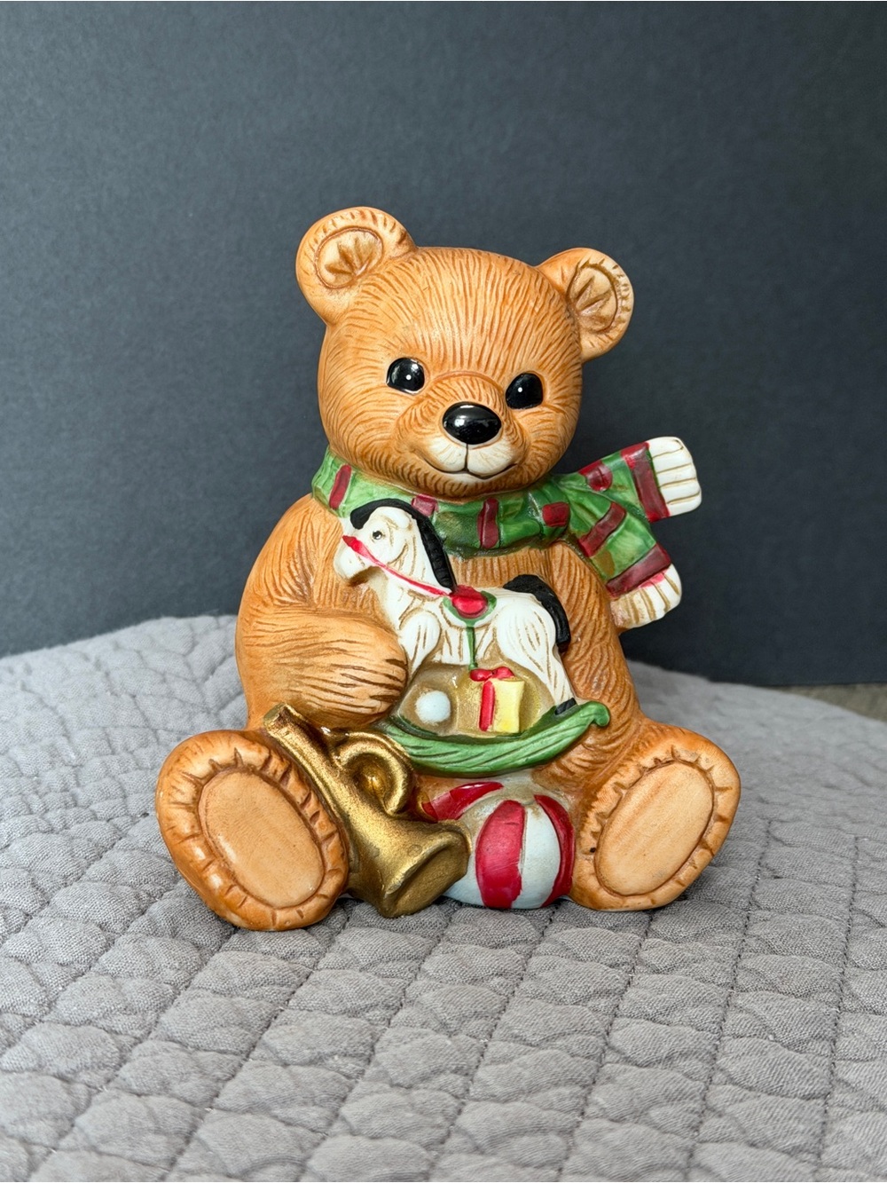 Homco Tan Bear Figurine with Red and Gold Accents